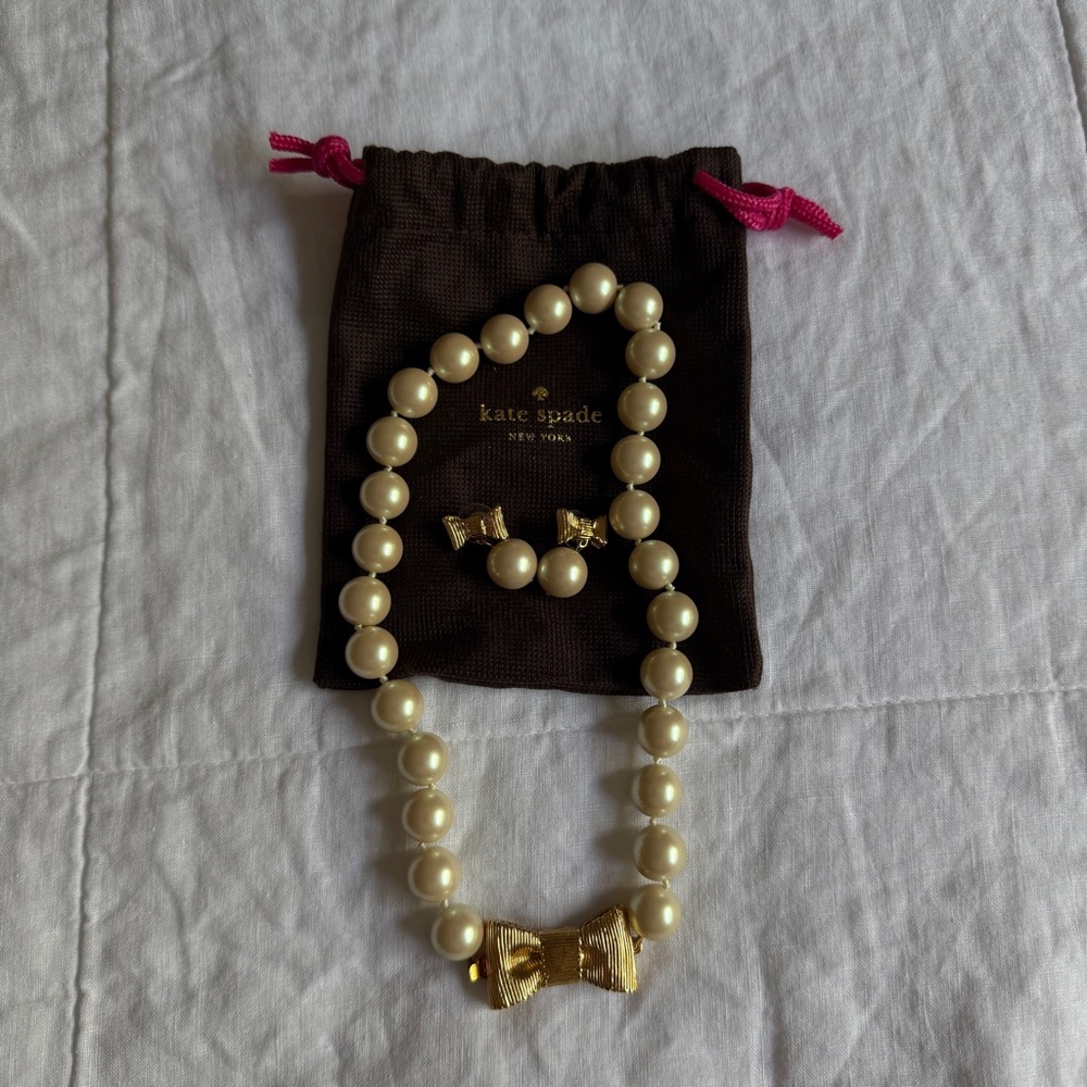Kate Spade Gold Bow and Pearl Jewelry Set — necklace & earrings, used like new!